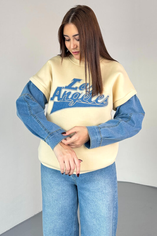 SWT-1873 Krem Los Angeles Baskılı Denim Kol Detaylı Sweatshirt - 1