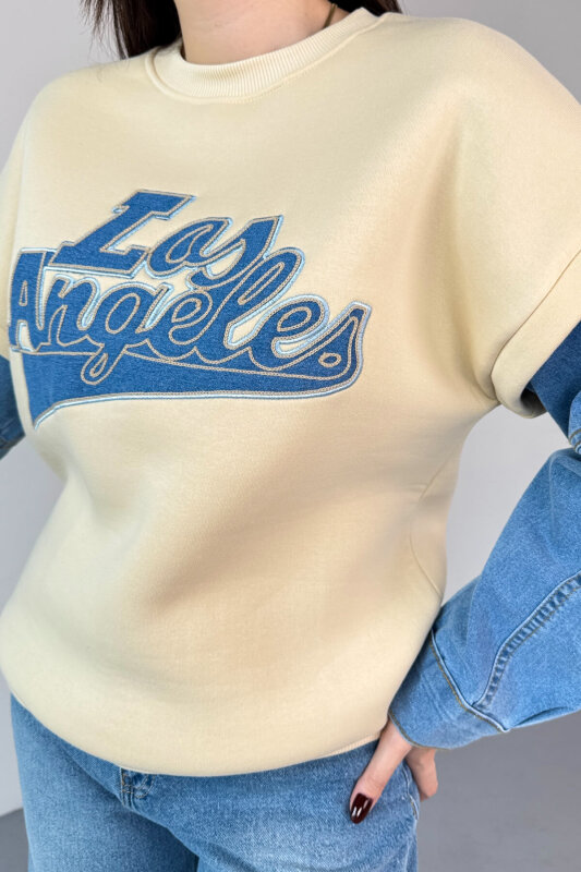 SWT-1873 Krem Los Angeles Baskılı Denim Kol Detaylı Sweatshirt - 3