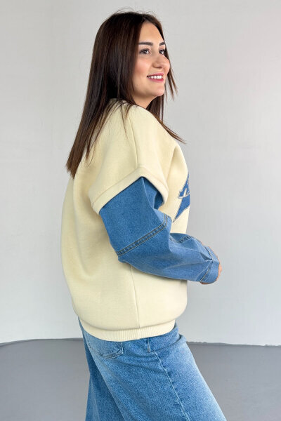 SWT-1873 Krem Los Angeles Baskılı Denim Kol Detaylı Sweatshirt - 4