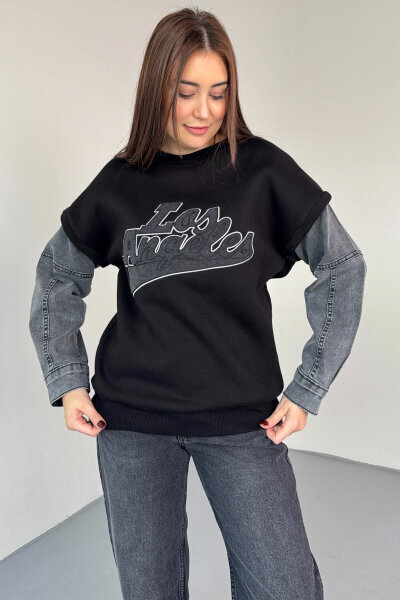 SWT-1873 Siyah Los Angeles Baskılı Denim Kol Detaylı Sweatshirt - 2