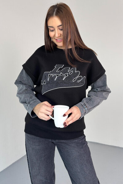 SWT-1873 Siyah Los Angeles Baskılı Denim Kol Detaylı Sweatshirt 