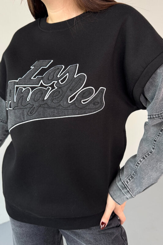 SWT-1873 Siyah Los Angeles Baskılı Denim Kol Detaylı Sweatshirt - 3