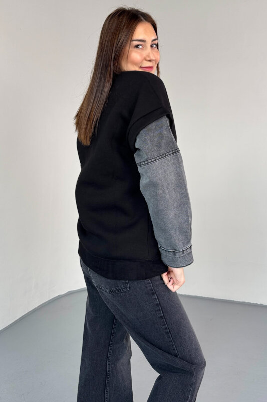 SWT-1873 Siyah Los Angeles Baskılı Denim Kol Detaylı Sweatshirt - 4