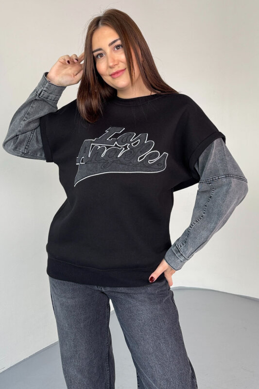 SWT-1873 Siyah Los Angeles Baskılı Denim Kol Detaylı Sweatshirt - 5