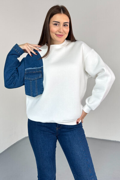 SWT-1876 Beyaz Denim Patch Cepli Renk Bloklu Sweatshirt - 1