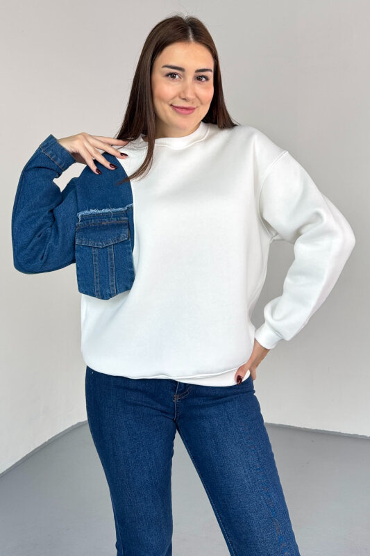 SWT-1876 Beyaz Denim Patch Cepli Renk Bloklu Sweatshirt - 1