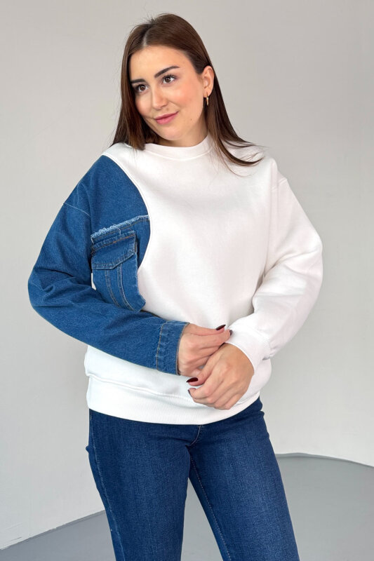 SWT-1876 Beyaz Denim Patch Cepli Renk Bloklu Sweatshirt - 2