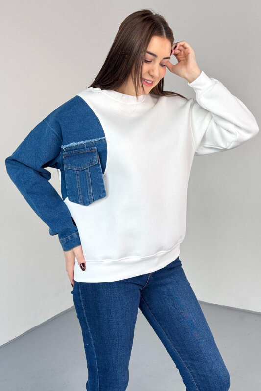 SWT-1876 Beyaz Denim Patch Cepli Renk Bloklu Sweatshirt - 3