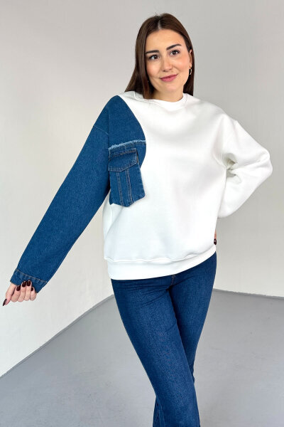 SWT-1876 Beyaz Denim Patch Cepli Renk Bloklu Sweatshirt - 4