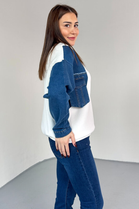 SWT-1876 Beyaz Denim Patch Cepli Renk Bloklu Sweatshirt - 5