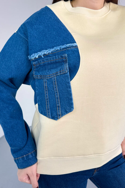 SWT-1876 Krem Denim Patch Cepli Renk Bloklu Sweatshirt - 2