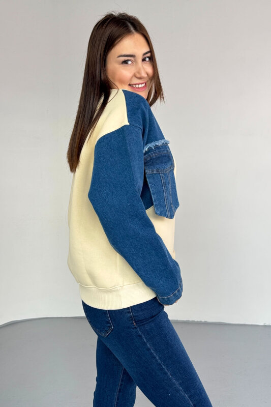 SWT-1876 Krem Denim Patch Cepli Renk Bloklu Sweatshirt - 3