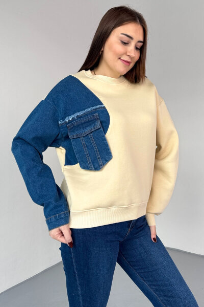 SWT-1876 Krem Denim Patch Cepli Renk Bloklu Sweatshirt 