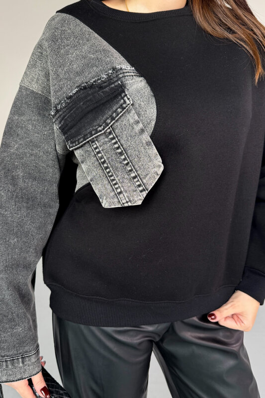SWT-1876 Siyah Denim Patch Cepli Renk Bloklu Sweatshirt - 3
