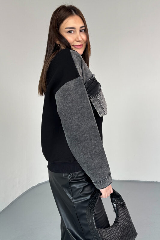 SWT-1876 Siyah Denim Patch Cepli Renk Bloklu Sweatshirt - 4