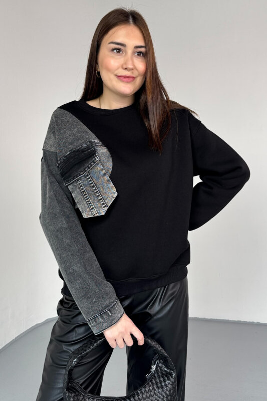 SWT-1876 Siyah Denim Patch Cepli Renk Bloklu Sweatshirt - 5