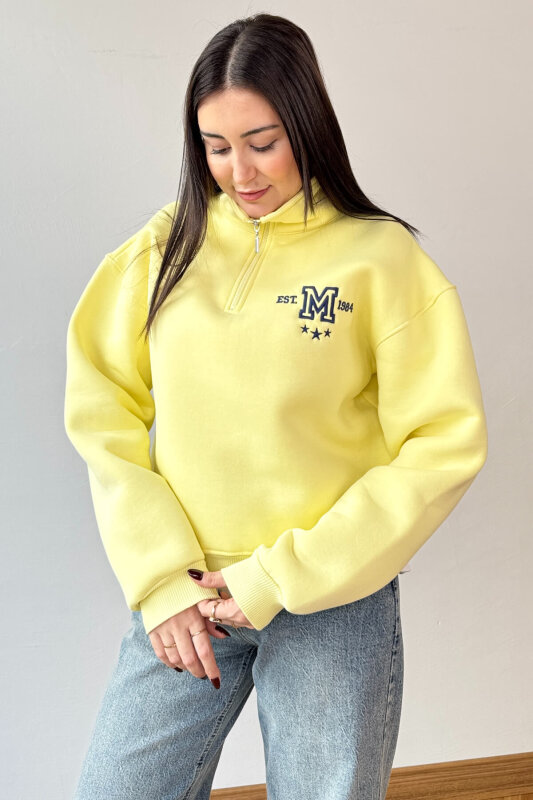SWT-1877 Sarı M Nakışlı Dik Yaka Fermuarlı Üç İplik Şardonlu Sweatshirt - 3