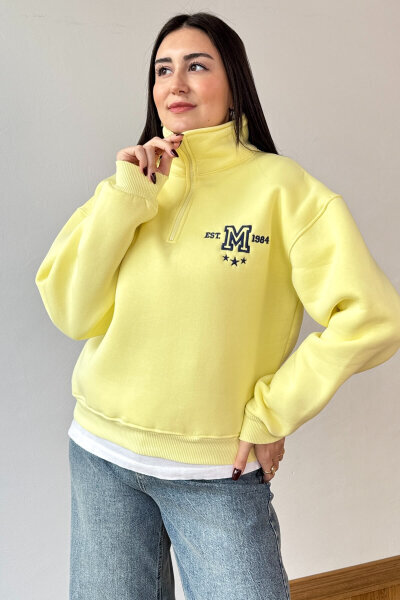 SWT-1877 Sarı M Nakışlı Dik Yaka Fermuarlı Üç İplik Şardonlu Sweatshirt 
