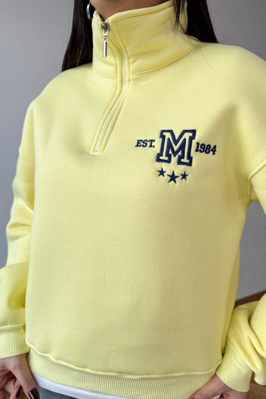 SWT-1877 Sarı M Nakışlı Dik Yaka Fermuarlı Üç İplik Şardonlu Sweatshirt - 4