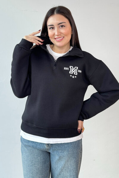 SWT-1877 Siyah M Nakışlı Dik Yaka Fermuarlı Üç İplik Şardonlu Sweatshirt 
