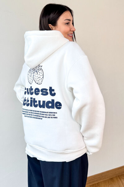 SWT-1885 Beyaz Ön Arka Baskılı Astarlı Kapüşonlu Kanguru Cepli Oversize Sweatshirt - 2