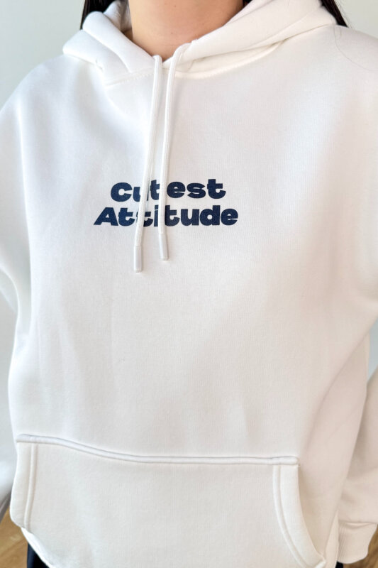 SWT-1885 Beyaz Ön Arka Baskılı Astarlı Kapüşonlu Kanguru Cepli Oversize Sweatshirt - 3