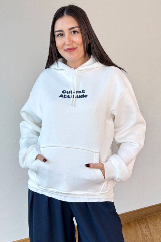 SWT-1885 Beyaz Ön Arka Baskılı Astarlı Kapüşonlu Kanguru Cepli Oversize Sweatshirt - 4