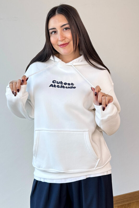 SWT-1885 Beyaz Ön Arka Baskılı Astarlı Kapüşonlu Kanguru Cepli Oversize Sweatshirt - 1