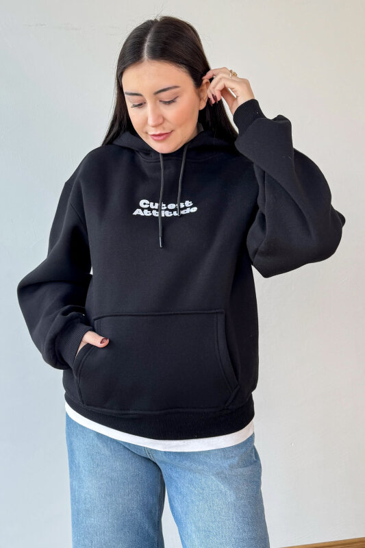 SWT-1885 Siyah Ön Arka Baskılı Astarlı Kapüşonlu Kanguru Cepli Oversize Sweatshirt - 1