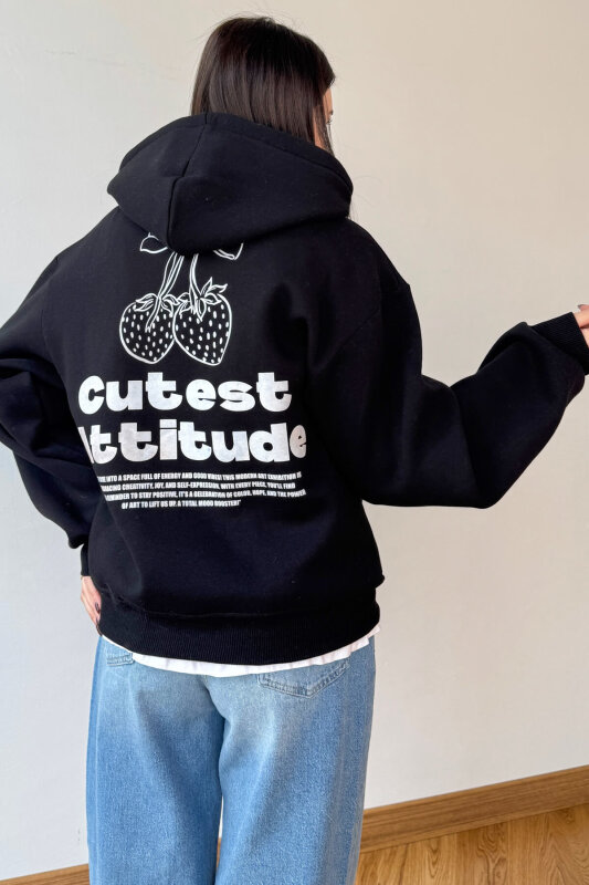 SWT-1885 Siyah Ön Arka Baskılı Astarlı Kapüşonlu Kanguru Cepli Oversize Sweatshirt - 2