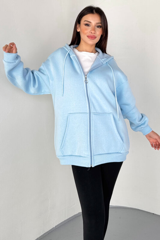 SWT-189 Bebe Mavi Kapüşonlu Tam Fermuarlı Kanguru Cepli Sweatshirt - 3
