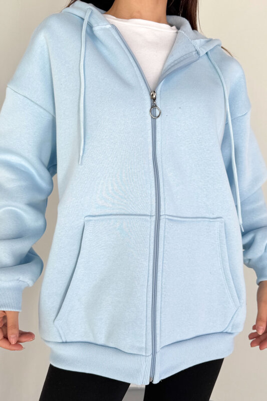 SWT-189 Bebe Mavi Kapüşonlu Tam Fermuarlı Kanguru Cepli Sweatshirt - 5