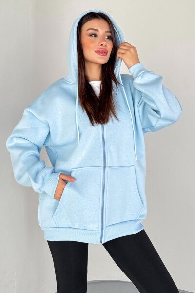 SWT-189 Bebe Mavi Kapüşonlu Tam Fermuarlı Kanguru Cepli Sweatshirt - 1