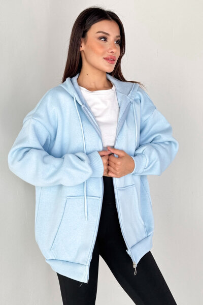 SWT-189 Bebe Mavi Kapüşonlu Tam Fermuarlı Kanguru Cepli Sweatshirt - 2