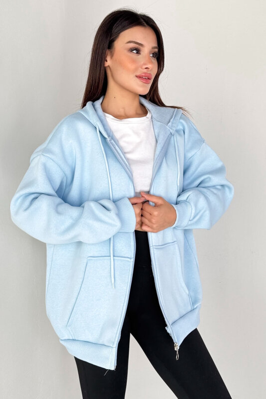 SWT-189 Bebe Mavi Kapüşonlu Tam Fermuarlı Kanguru Cepli Sweatshirt - 2