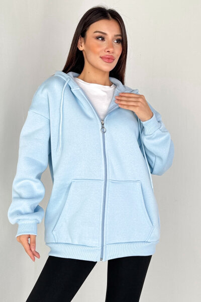 SWT-189 Bebe Mavi Kapüşonlu Tam Fermuarlı Kanguru Cepli Sweatshirt - 6