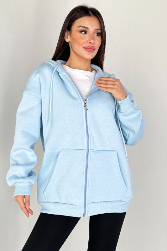 SWT-189 Bebe Mavi Kapüşonlu Tam Fermuarlı Kanguru Cepli Sweatshirt - 6