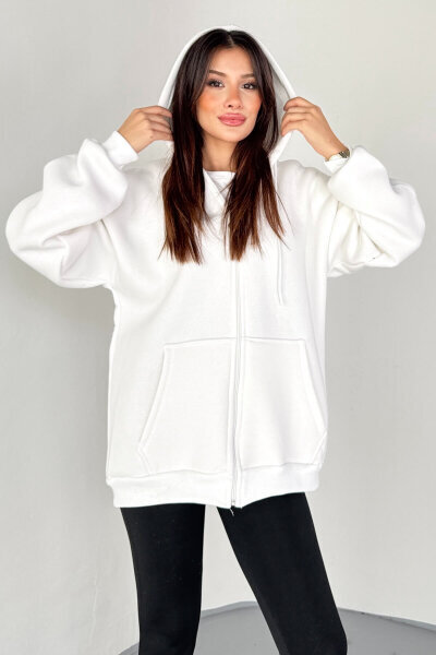 SWT-189 Beyaz Kapüşonlu Tam Fermuarlı Kanguru Cepli Sweatshirt 