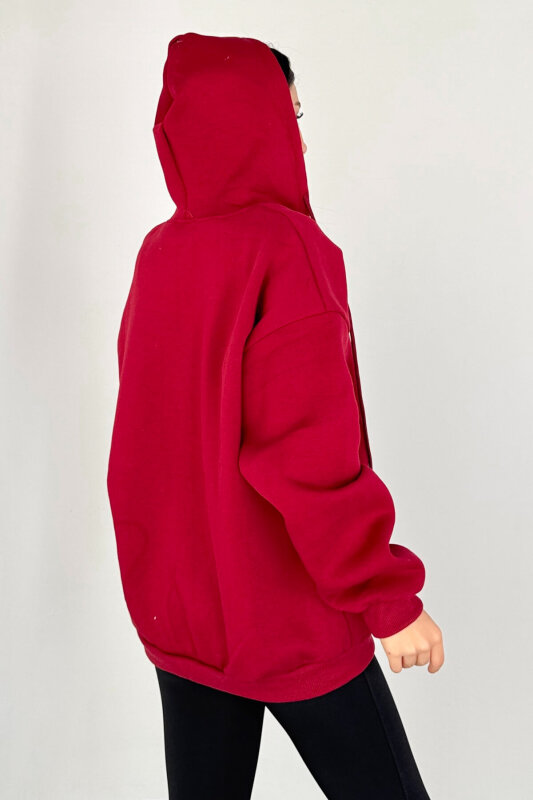 SWT-189 Bordo Kapüşonlu Tam Fermuarlı Kanguru Cepli Sweatshirt - 4