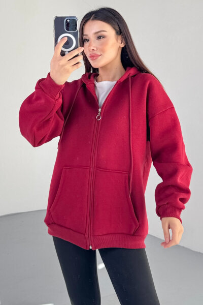 SWT-189 Bordo Kapüşonlu Tam Fermuarlı Kanguru Cepli Sweatshirt - 5