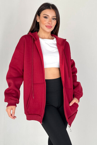 SWT-189 Bordo Kapüşonlu Tam Fermuarlı Kanguru Cepli Sweatshirt 