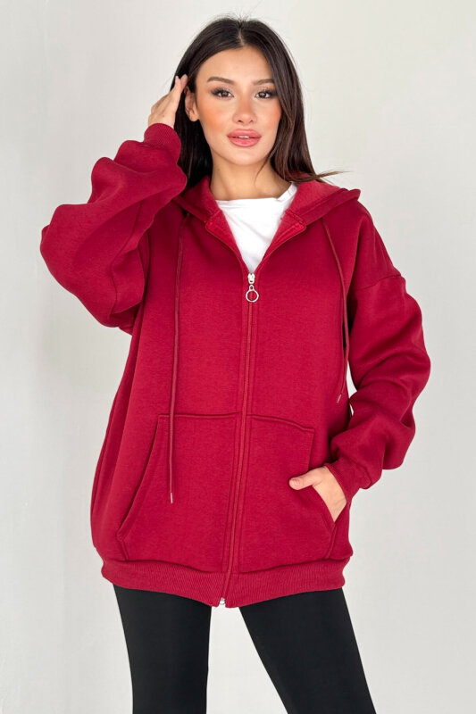 SWT-189 Bordo Kapüşonlu Tam Fermuarlı Kanguru Cepli Sweatshirt - 3