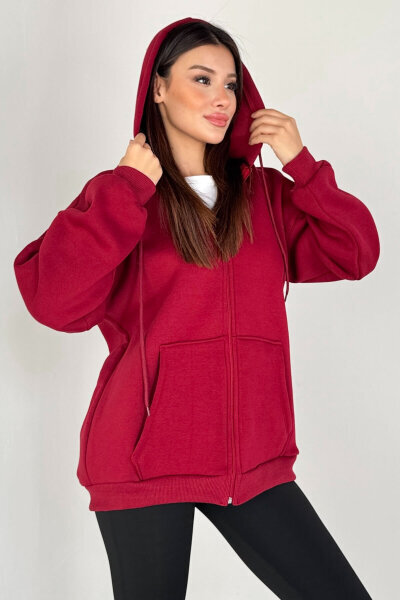 SWT-189 Bordo Kapüşonlu Tam Fermuarlı Kanguru Cepli Sweatshirt - 2