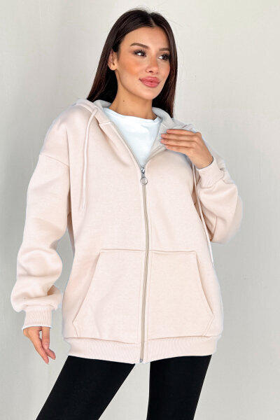 SWT-189 Krem Kapüşonlu Tam Fermuarlı Kanguru Cepli Sweatshirt 