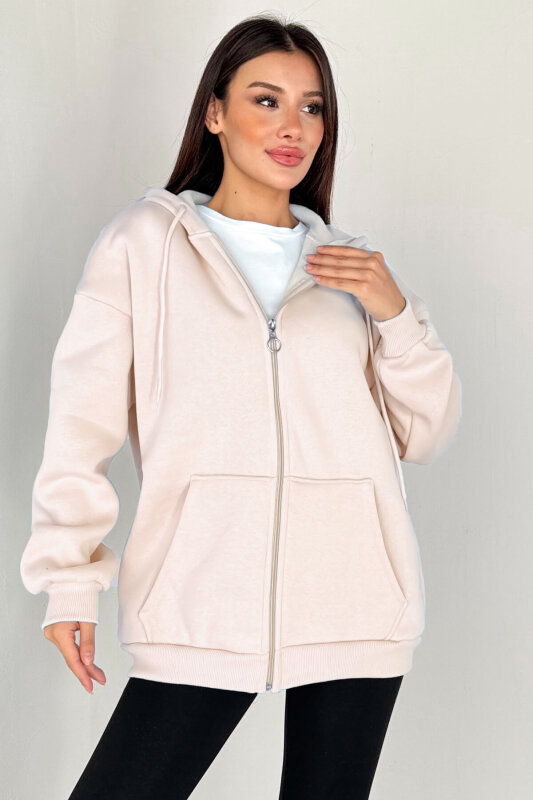 SWT-189 Krem Kapüşonlu Tam Fermuarlı Kanguru Cepli Sweatshirt - 1