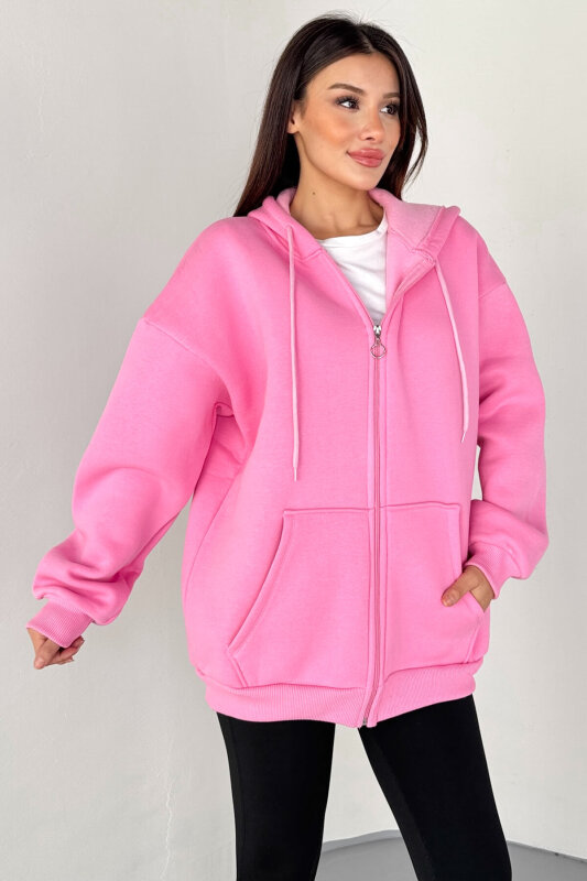 SWT-189 Pembe Kapüşonlu Tam Fermuarlı Kanguru Cepli Sweatshirt - 3