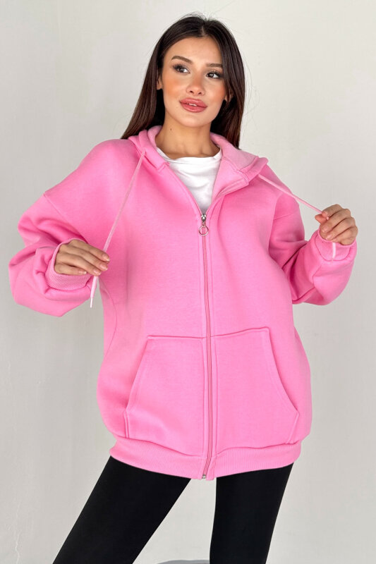 SWT-189 Pembe Kapüşonlu Tam Fermuarlı Kanguru Cepli Sweatshirt - 1
