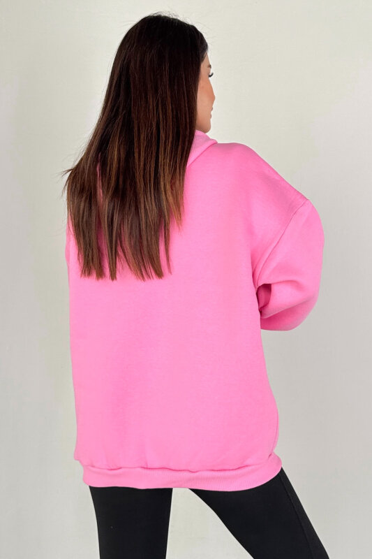 SWT-189 Pembe Kapüşonlu Tam Fermuarlı Kanguru Cepli Sweatshirt - 4