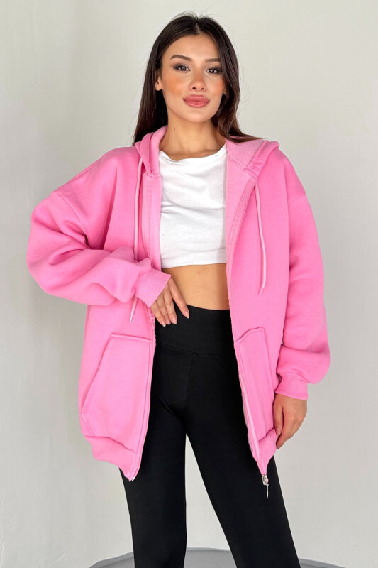 SWT-189 Pembe Kapüşonlu Tam Fermuarlı Kanguru Cepli Sweatshirt - 2