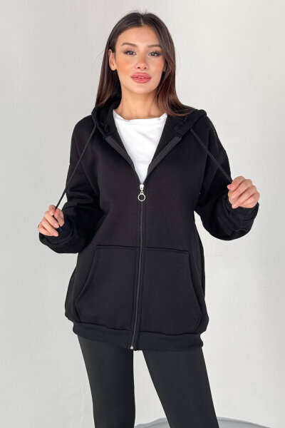 SWT-189 Siyah Kapüşonlu Tam Fermuarlı Kanguru Cepli Sweatshirt 